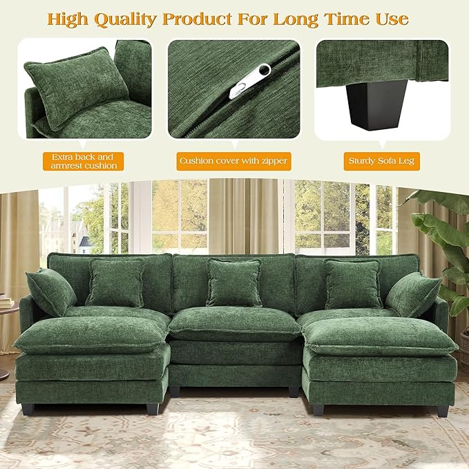 113.4" Modular Sectional Sofa,U Shaped Couch for Living Room,Modern Deep Seat Sofa 3 Seater Chenille Fabric Comfy Cloud Couches with Throw Pillows & Movable Ottoman