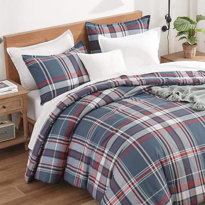 Andency Navy Red Plaid Comforter Set Full(79x90Inch), 3 Pieces Grid Gingham Stripes Bedding Comforter Sets for Boys Girls Kids Teens, Preppy Geometric Line Soft Lightweight Reversible Bed Set as Gift
