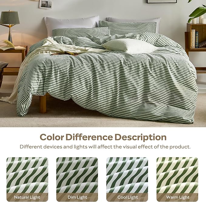 JELLYMONI 100% Natural Cotton Striped Duvet Cover Sets,White Duvet Cover with Green Stripes Pattern Printed Comforter Cover,with Zipper Closure & Corner Ties(Twin 66×92 Inch)
