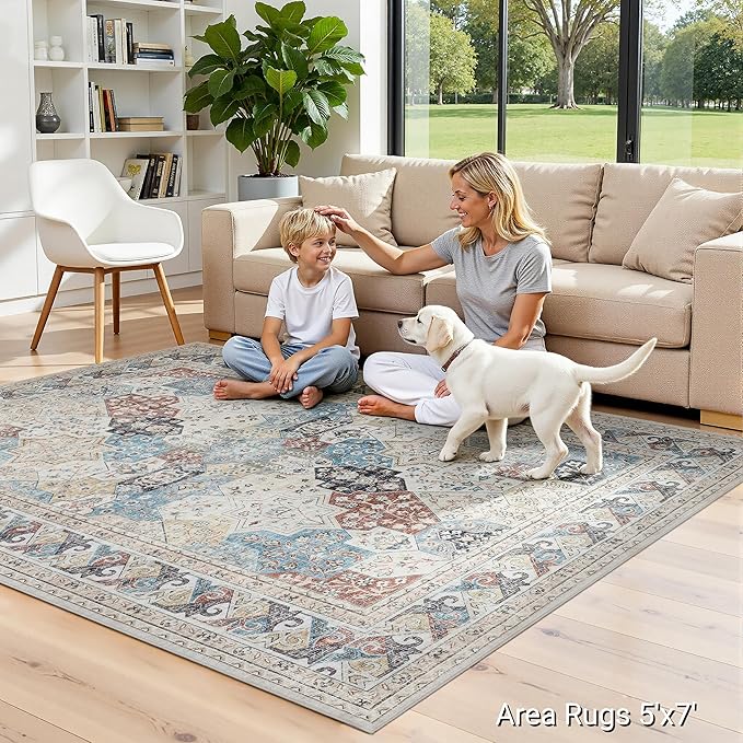 RCTJHOME 5'x7' Washable Area Rugs for loveseat Living Room/Twin Bedroom/Study Room, Modern Abstract Soft Carpet, Low Pile Floor Rug with Non Slip Backing for Dining Room Cream Beige Blue Colorful