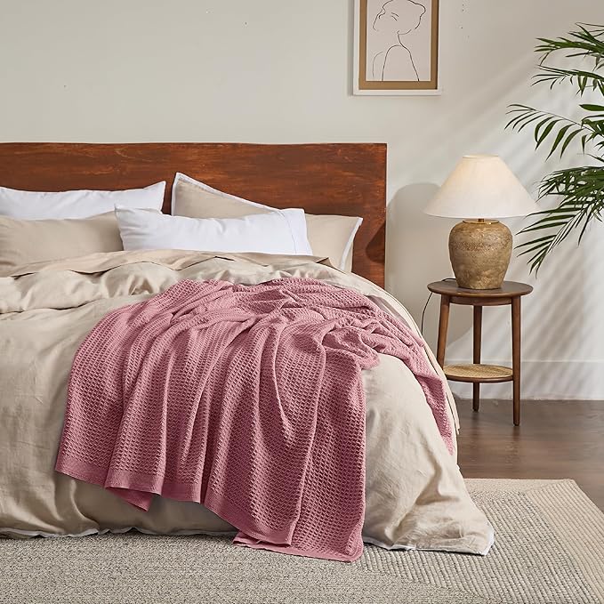 Bedsure Gentlesoft 100% Cotton Large Throw Blanket for Couch 50x70 inches - Breathable and Soft, Waffle Weave Throw Blanket for Office, Dusty Rose