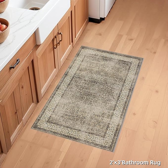 RCTJHOME 2'x3' Washable Entryway Rugs, Indoor Door Mat with 4 Non-Slip Tapes, Kitchen Bathroom Front Door Mat Indoor Entrance, Small Rugs and Mats, Retro Golden Brown Multi