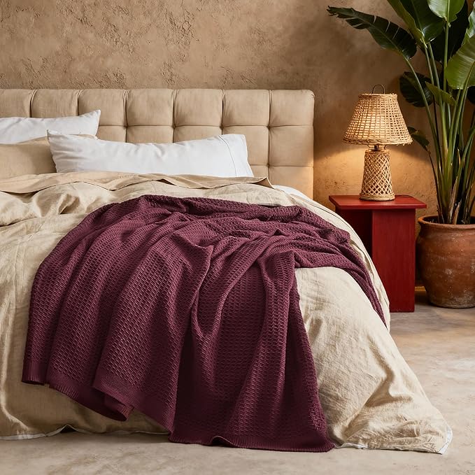 Bedsure Gentlesoft 100% Cotton Blanket Twin XL Size for College Dorm - Breathable and Soft, Waffle Weave Twin Blanket for Summer, Dorm Room Essentials, Burgundy, 66x90 inches
