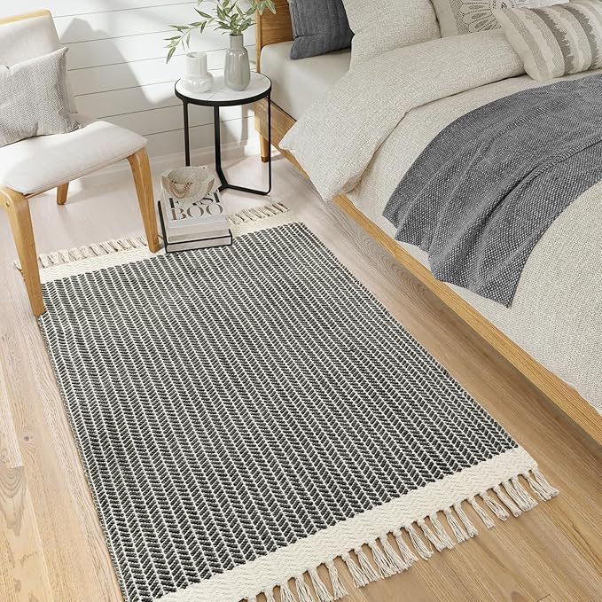 Lahome Boho Living Room 3x5 Washable Rugs for Entryway Lightweight Woven Grey Mat with Tassels, Farmhouse Bathroom Rug Non Shedding Area Carpet for Bedroom Office Camper RV Decor