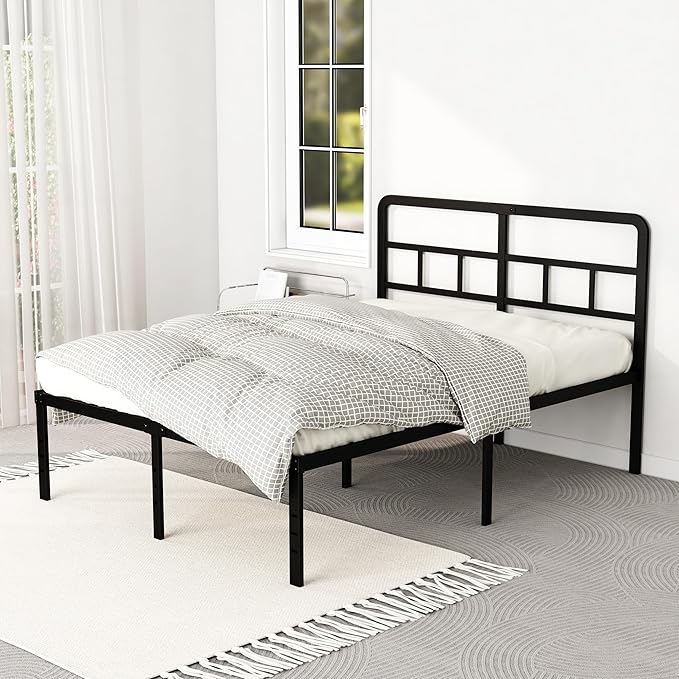 18 Inch Full Size Bed Frame with Headboard No Box Spring Needed, Heavy Duty Metal Platform with Steel Slat, Mattress Foundation, Easy Assembly, Noise Free, Black