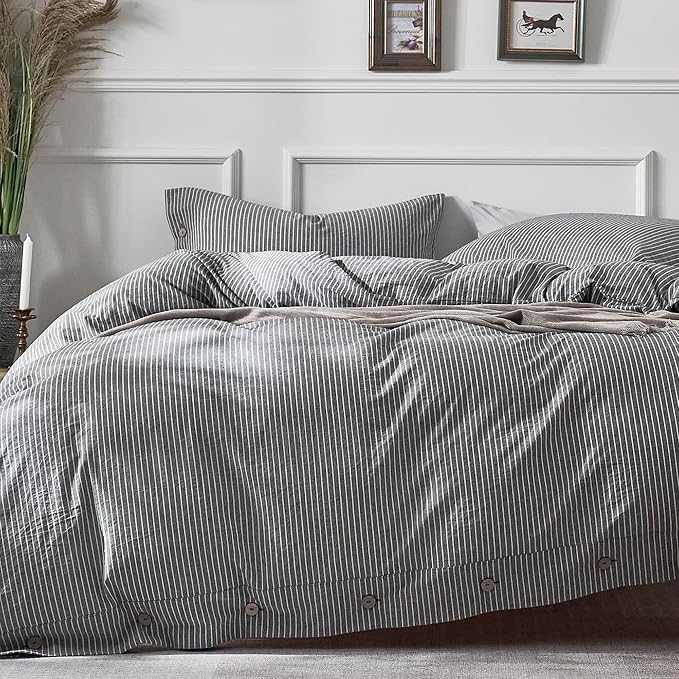 JELLYMONI Cotton Duvet Cover Queen Size - Black Vertical Pinstriped Comforter Cover with Button 100% Washed Cotton 3PCS Breathable Soft Solid Bedding Set Duvet Cover 90×90in & 2 Pillowcases