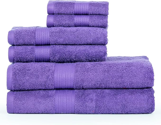 Ample Decor 100% Cotton Luxury 6 Piece Towels Set, 2 Bath Towels, 2 Hand Towels, 2 Wash Cloths for Bathroom - Purple Towel Sets