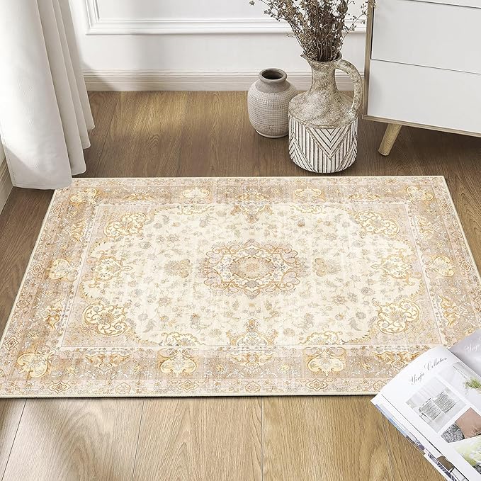 Small Rugs 2'x3',Boho Rug for Entryway Bathroom Kitchen Entrance Doormat,Vintage Bohemian Distressed Washable Accent Indoor Mat Floor Throw Carpet Non Slip,Beige Gold Floral