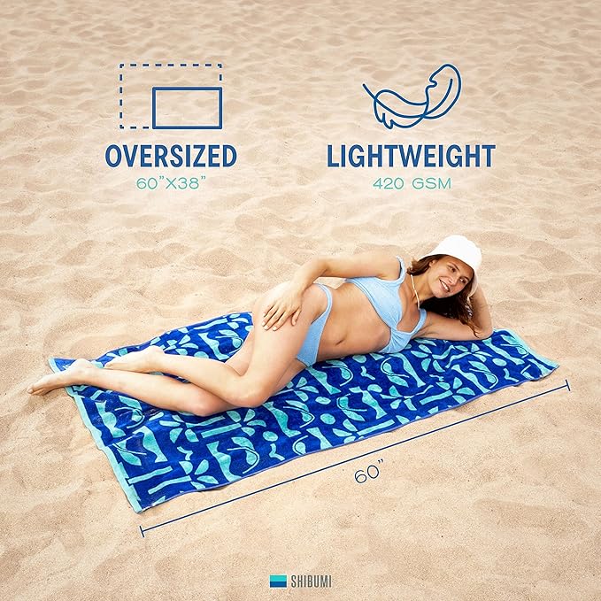 Shibumi Luxe Towel, Relax on Repeat, 35"" x 68"", Oversized and Lightweight Beach Towel, Extra Soft Velour Front and Absorbent Terry Back, 100% Cotton & Machine Washable