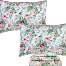 FADFAY Sheets Set Queen Pink Rose Floral Bedding Romantic French Country Peony Floral Sheets Vintage Farmhouse Bedding 100% Cotton Breathable Bedding with Deep Pocket Fitted Sheet 4Pcs, Queen Size