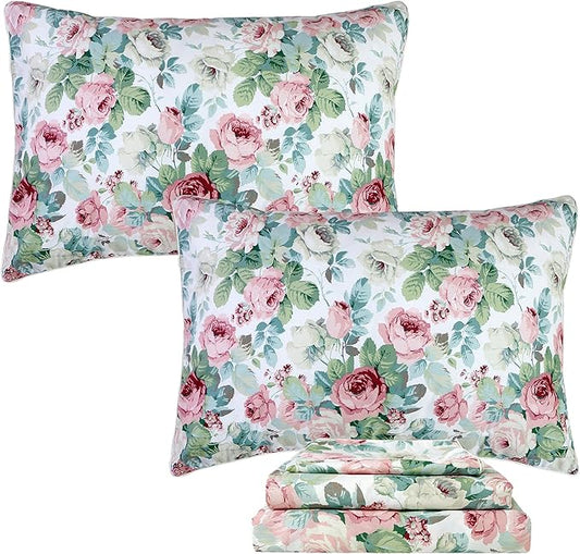 FADFAY Sheets Set Queen Pink Rose Floral Bedding Romantic French Country Peony Floral Sheets Vintage Farmhouse Bedding 100% Cotton Breathable Bedding with Deep Pocket Fitted Sheet 4Pcs, Queen Size