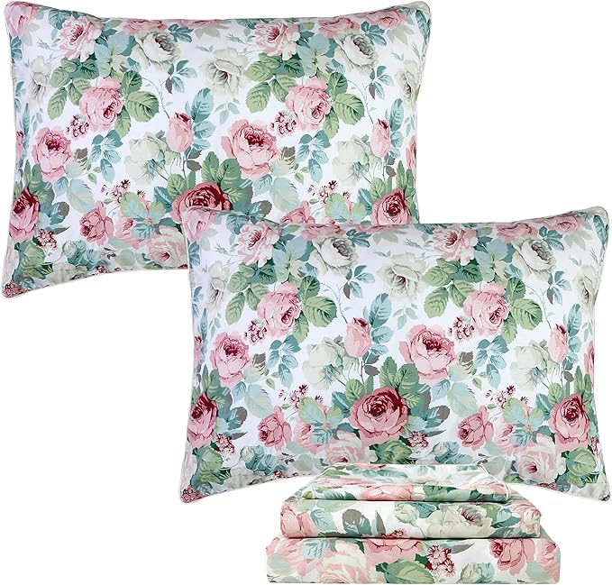 FADFAY Sheets Set Twin Pink Rose Floral Bedding Romantic French Country Peony Floral Sheets Vintage Farmhouse Bedding 100% Cotton Soft Breathable Bedding with Deep Pocket Fitted Sheet 4Pcs, Twin Size