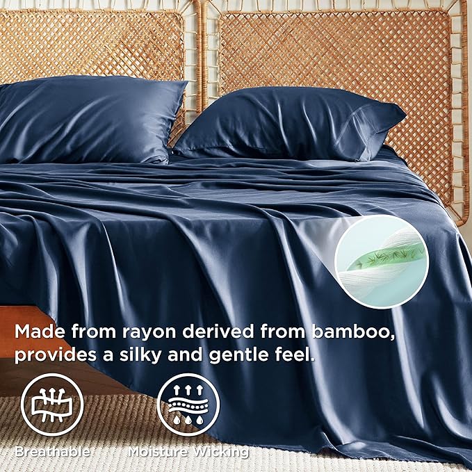 Bedsure Queen Sheet Set, Rayon Derived from Bamboo, Cooling Sheets, Breathable & Soft, Deep Pocket Up to 16 Inches, Hotel Luxury Silky Bedding for Hot Sleepers, Navy
