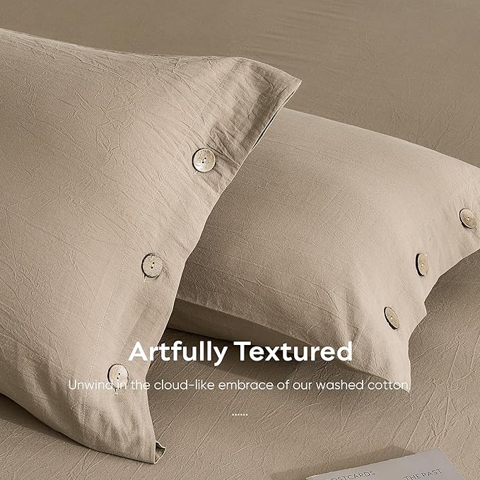JELLYMONI 100% Washed Cotton Standard Pillowcases Set, 2 Pack Linen-Like Texture Breathable Pillow Covers with Button Closure,Dusty Khaki Standard 20"×26"(Pillows are not Included)