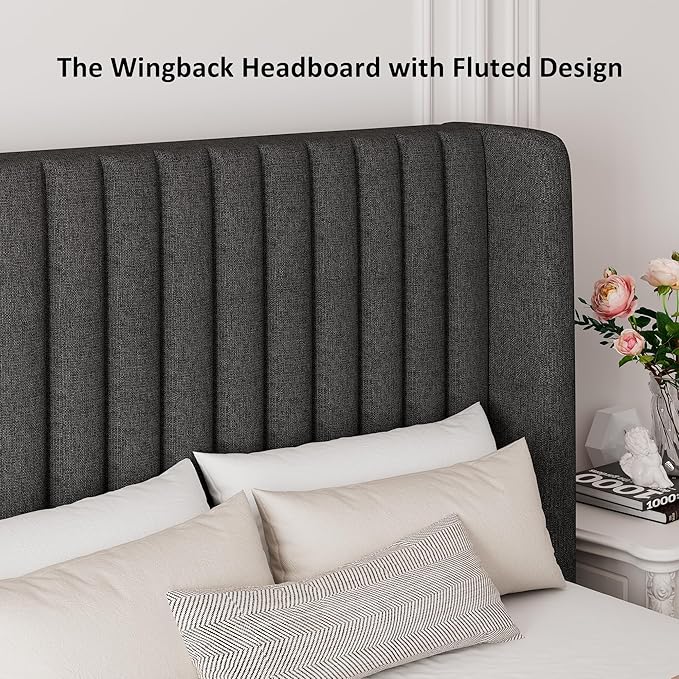 Queen Size Lift Up Storage Bed, Upholstered Platform Bed Frame with Wingback Headboard, Hydraulic System, Solid Wooden Slats Support, Noise-Free, Easy Assembly, No Box Spring Needed, Dark Grey