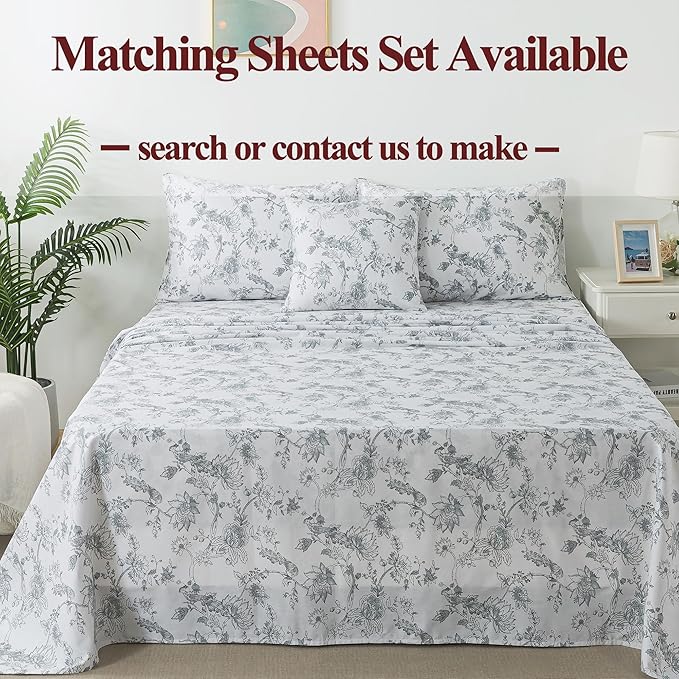 FADFAY Gray and White Duvet Cover Set Queen Shabby White Floral Bedding Vintage Bird Farmhouse Bedding Peacock Quilt Cover Set 100% Cotton Comforter Cover with Hidden Zipper Closure 3Pcs, Queen Size