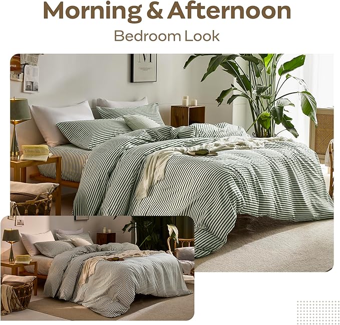 JELLYMONI 100% Natural Cotton Striped Duvet Cover Sets,White Duvet Cover with Green Stripes Pattern Printed Comforter Cover,with Zipper Closure & Corner Ties(Twin 66×92 Inch)