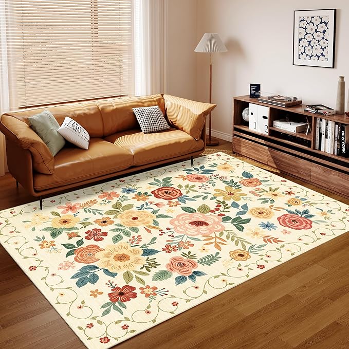 DUKINO 9x12 Area Rug, Floral Rugs for Living Room, Lightweight Non Slip Washable Rug, Indoor Low Pile & Non-Shedding Boho Design Rugs for Bedroom, Living Room, Dining Room, Beige Yellow