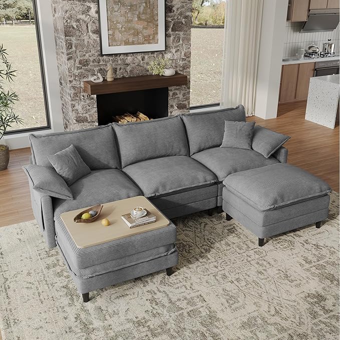 108" U Shaped Modular Sectional Cloud Couch with Two Ottoman, Snap-on Easy Installation 5-Piece Deep Seat Sofas with Storage Bag and Coffee Table for Living Room, Corduroy, Gray