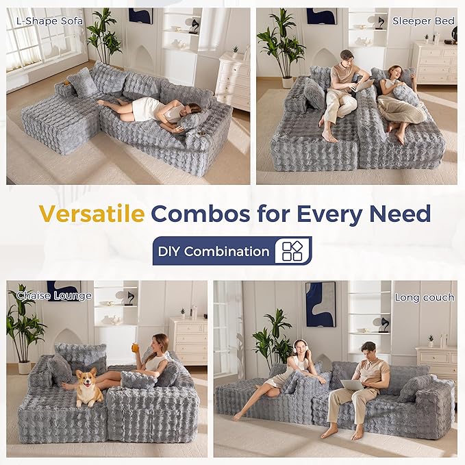 MAXYOYO 104" Modular Sectional Couch with L-Shape Chaise, Modern Boneless Couch for Living Room, Sofa in A Box, Faux Fur Sofa Sleeper with Deep Seat, No Assembly Required, Grey