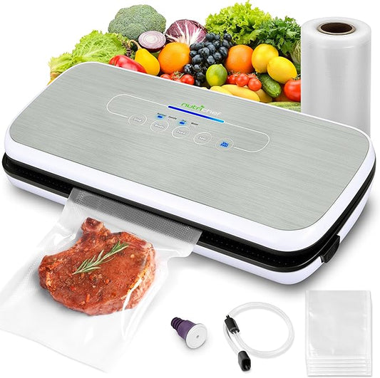 NutriChef Automatic Food Vacuum Sealer, Electric Air Sealing Preserver System for Dry and Moist Foods, LED Control, Strong Suction, Includes Bags, Wine Stopper Cork, and Air Suction Hose, 14”x6”x3”