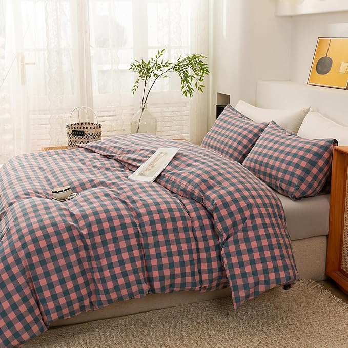 ECOCOTT Duvet Cover California King Size, 100% Washed Cotton Linen-Like Soft & Breathable, Durable Comfy Bedding Set for All Seasons, Purple Pink Plaid