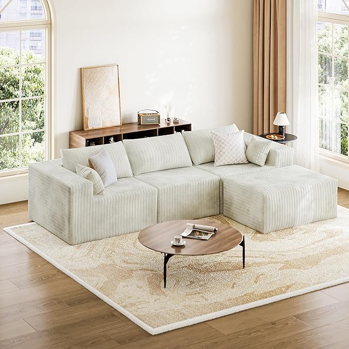 110" Cloud Couch Sectional for Living Room L-Shape Boneless Couches Modular Sectional Sofa with Deep Seat with Chaise,No Assembly Required, Carbon White(Plush Corduroy Fabric)