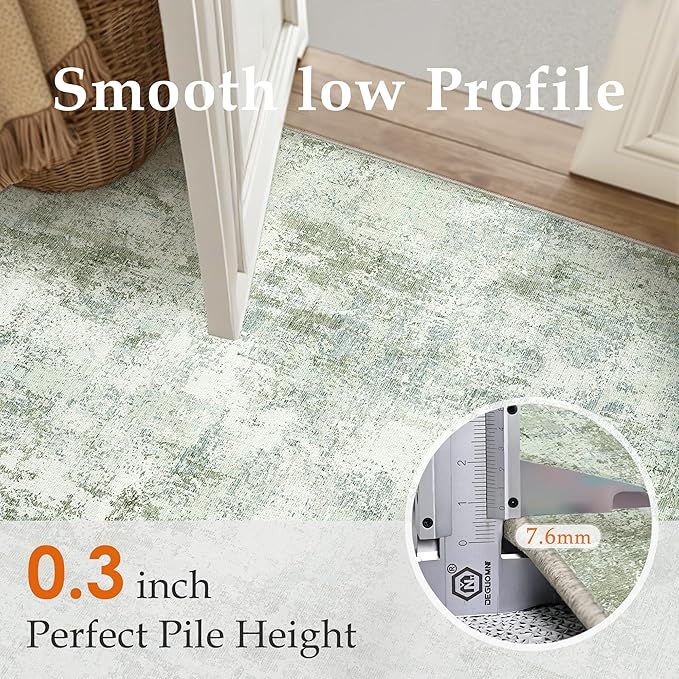 5x7 Washable Area Rug Sage Green Abstract Living Room Bedroom Carpet Neutral Modern Non-Slip Soft Low Pile Lightweight Vacuumable Throw Rug for Dining Room Entryway
