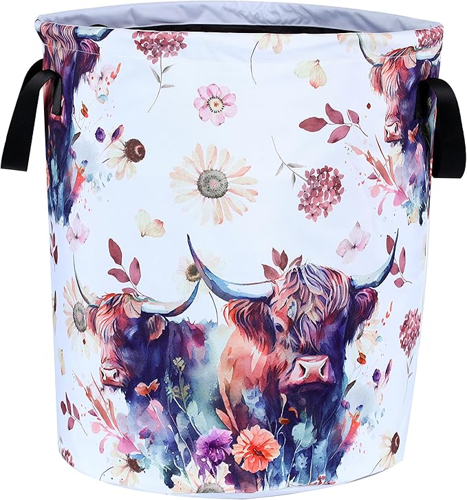 Highland Cow Laundry Basket Cow Animal Foldable Oxford Cloth Funny Tote Bag Laundry Hamper Clothes Storage Bucket Organizer For Bathroom/Laundry Storage/Bedroom 17.7x13.7 Inch