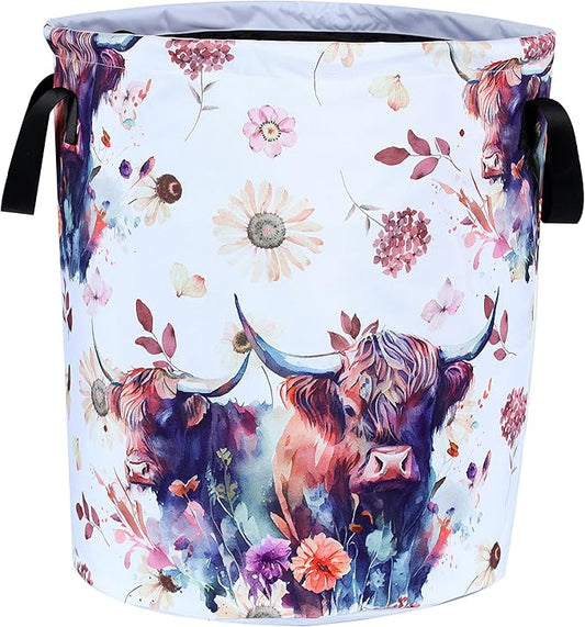 Highland Cow Laundry Basket Cow Animal Foldable Oxford Cloth Funny Tote Bag Laundry Hamper Clothes Storage Bucket Organizer For Bathroom/Laundry Storage/Bedroom 17.7x13.7 Inch