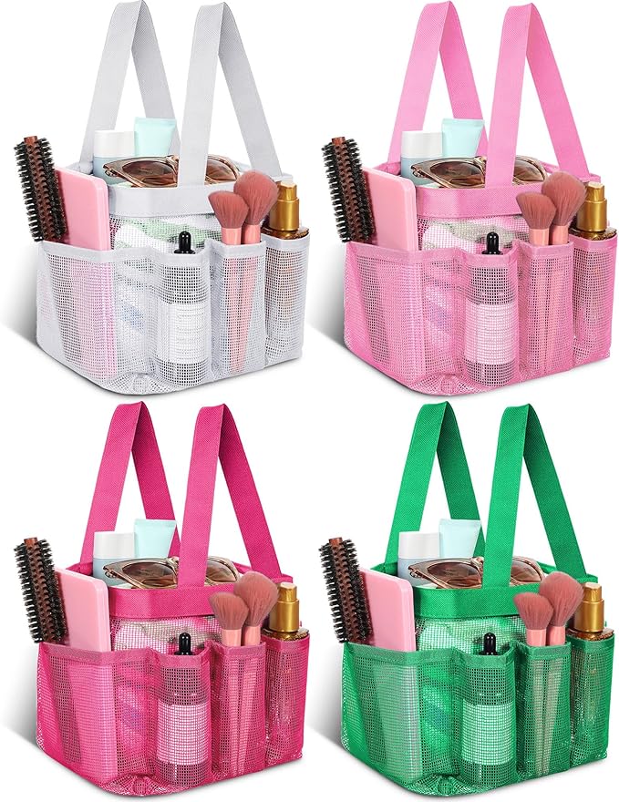 Hillban 4 Pcs Mesh Shower Caddy Portable Large Quick Dry Shower Caddy Basket with Deeper 8 Pockets and 2 Handles Hanging Bag for College Dorm Room(White, Pink, Green, Rose Red)