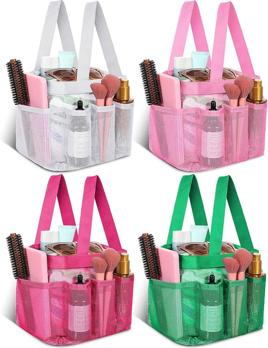Hillban 4 Pcs Mesh Shower Caddy Portable Large Quick Dry Shower Caddy Basket with Deeper 8 Pockets and 2 Handles Hanging Bag for College Dorm Room(White, Pink, Green, Rose Red)