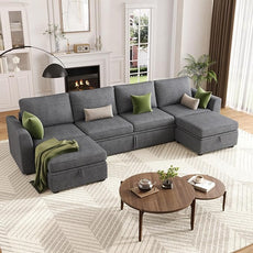 GarveeHome Sectional Sleeper Sofa with Pull Out Bed, Corduroy Modular Sectional 6 Seat Couch with Pull Out Couch and Storage Seat & 2 Ottomans, Convertible Couches for Living Room