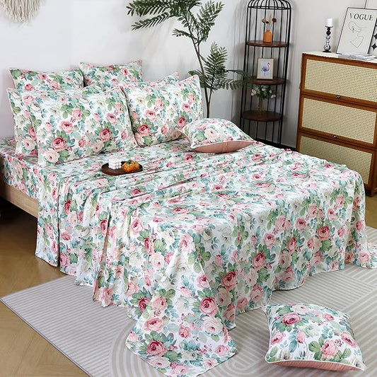 FADFAY Sheets Set King Pink Rose Floral Romantic French Country Peony Vintage Farmhouse Bedding 100% Cotton Soft Breathable With Deep Pocket Fitted Sheet 4Pcs, King Size