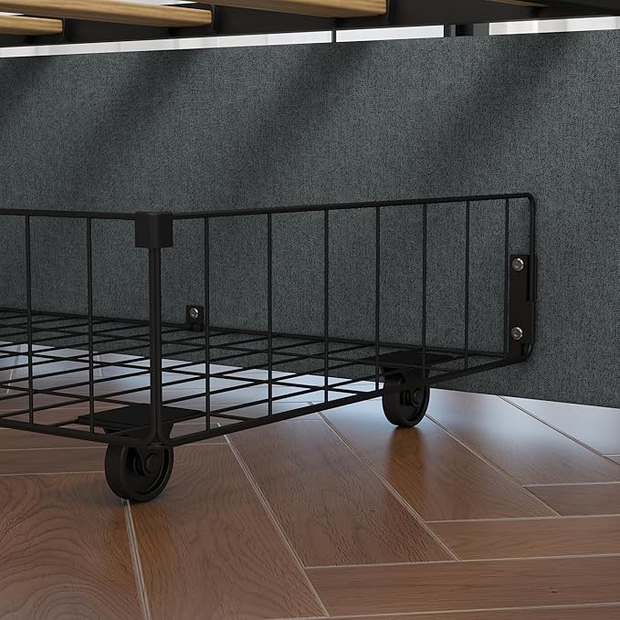 Panana 14 Inch Queen Size Bed Frame,Industrial Metal Platform Bed Frame with 2 Tier Storage Wooden Headboard and Footboard,4 Storage Drawers,No Box Spring Needed,Black&Grey