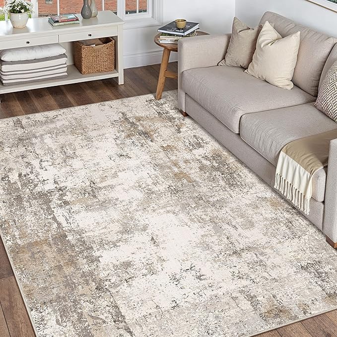 4x6 Washable Area Rug Brown Grey Abstract Entryway Office Throw Rug Neutral Modern Non Slip Soft Low Pile Indoor Carpet for Living Room Bedroom Kitchen Entrance
