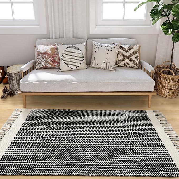 Lahome Boho Entryway Rug, 3x5 Rugs for Bedroom Lightweight Washable Throw Rug Woven Cotton Bathroom Carpet with Tassels, Farmhouse Black and White Rugs for Living Room Kitchen Office Dorm