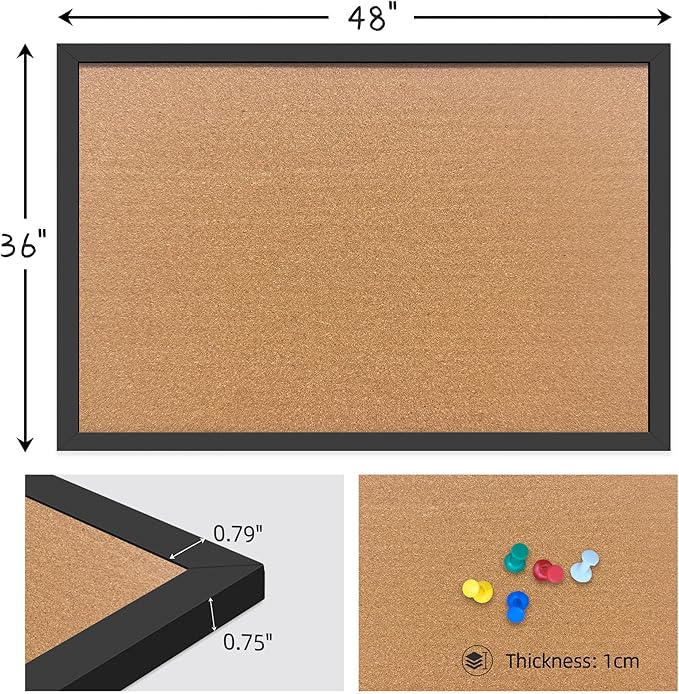 Cork Bulletin Board, 48x36 Inches Hanging Cork Board Wooden Framed with Pins for Wall, Dorm Room, Office, Home Decor – Natural Cork & Black Frame