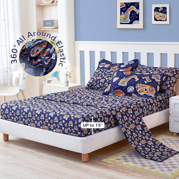 Viviland Kids Full Bedding Sets for Boys, Soft Full Comforter Set with Sheets, 7 Pieces Microfiber Bed in a Bag, Navy Blue Tractor