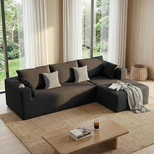 Furnimart 112" L-Shaped Modular Sectional Sofa with Ottoman, Boneless Cloud Couch with Chaise for Living Room, Modern Deep Seat Lounge Sleeper Couch Bed, No Assembly, Corduroy Black