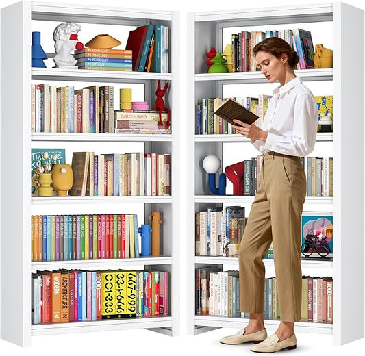 Book Shelf 69" H, 5-Tier Metal Shelving, Modern White Bookcase, Wide Bookshelf for Bedroom, Livingroom, Home Office, Library, Screw-Free Installation