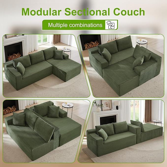 96''Sectional Couches for Living Room,Modern Modular Sectional Sofa,Upholstered Boneless Couch with Pockets,Comfy Cloud Couch with L Shaped Chaise (Green, 105''W Right Facing Chaise)