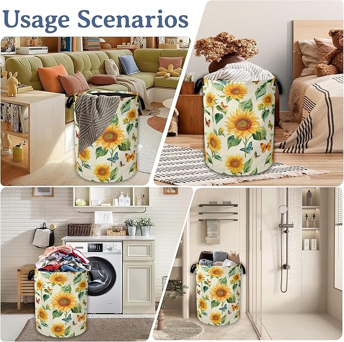 Vintage Sunflowers Laundry Hamper With Handle,Foldable Oxford Cloth Butterfly Flower FLaundry Basket,20.8"x16" Clothes Storage Basket for Laundry Room Bedroom Bathroom