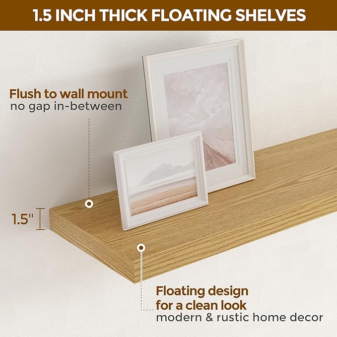 Fun Memories Floating Shelves for Wall, 24 x 9.3 Floating Shelf Wall-Mounted, Rustic Wood Bathroom Shelf Set of 2, Deep Bookshelf Storge Shelves for Living Room, Bedroom, Farmhouse, Oak Color