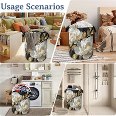 White Flowers Laundry Hamper With Handle,Foldable Oxford Cloth Glitter Blooming Laundry Basket,20.8