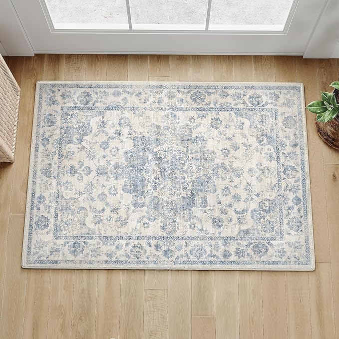 2x3 Washable Neutral Area Rug Blue Vintage Entryway Kitchen Carpet Non-Slip Soft Low Pile Floral Indoor Small Throw Rug for Bedroom Bathroom Entrance