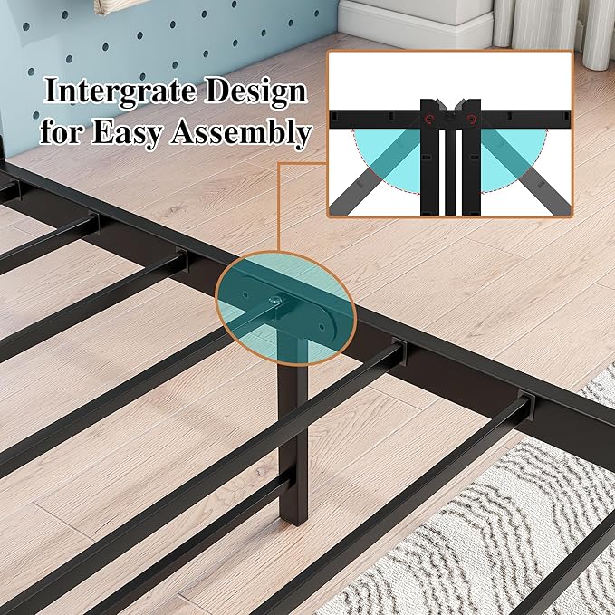 HOJINLINERO Twin Bed Frame with Storage Headboard and Charging Station, Twin Size, Heavy Duty Metal Slats, No Box Spring Needed, Dark Grey