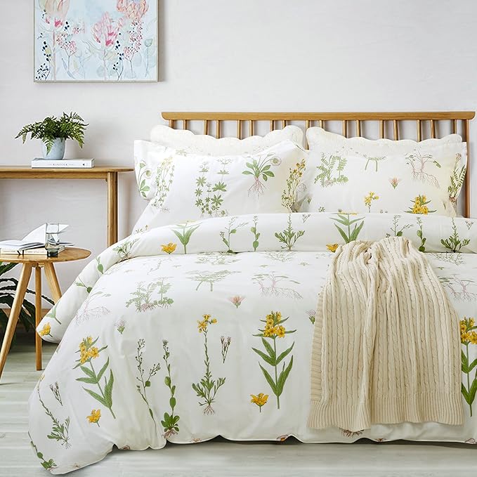 FADFAY Shabby Floral Duvet Cover Set White and Green Cotton Bedding Set with Hidden Zipper Closure 3 Pieces, 1duvet Cover & 2pillowcases (Queen Size, Simple Style)