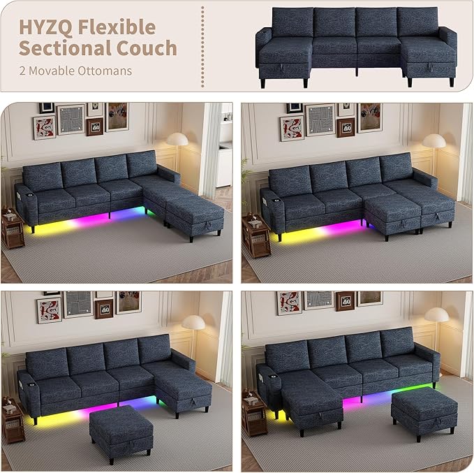 Sectional Couches for Living Room, 4 Seat Sectional Sofa with Smart Module-Wireless Charging/USB/Type-C/RGB Light, U Shaped Couch with Reversible Chaise Lounge/Storage Ottoman (Blue)