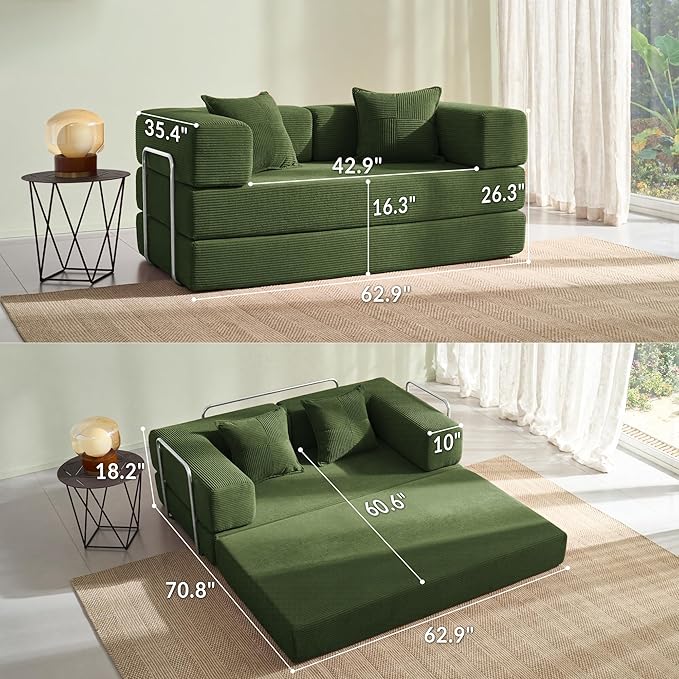 YINIX Foldable Sofa Bed, 62'' Folding Floor Couch, Compressed Convertable Sleeper Sofa, Memory Foam Couch with Pillow Back Support Armrest, 4-in-1 Futon Sofa Bed for Living Room, Green